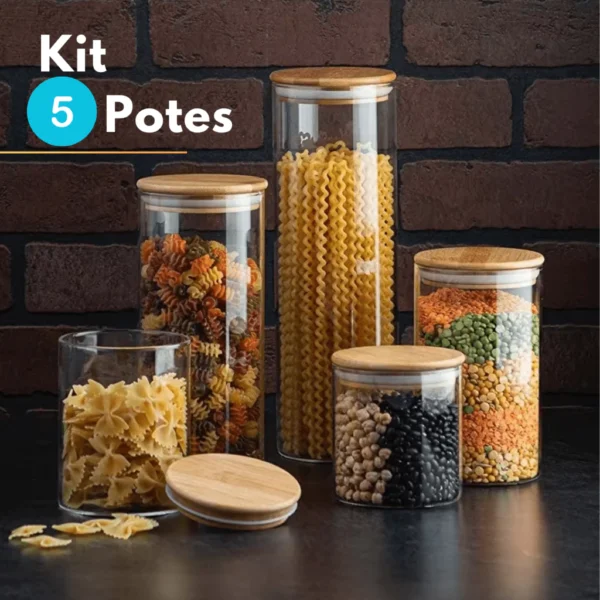 Kit Com 5 Potes Vidro Com Tampa Bambu
