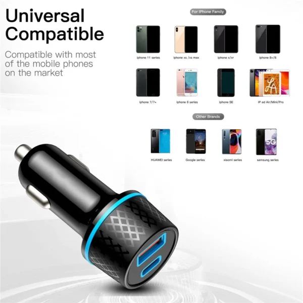 Carregador USB C Portátil De Duas Portas De Carro PD20W Carregamento Rápido Tipo Telefone Adaptador - Imagem 2