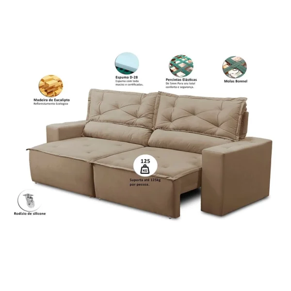 Sofá Retrátil e Reclinável 3 lugares com Molas 1,80m Livia Suede - Imagem 2