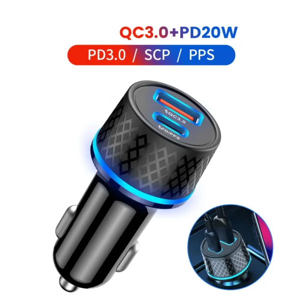 Carregador USB C Portátil De Duas Portas De Carro PD20W Carregamento Rápido Tipo Telefone Adaptador - Imagem 7